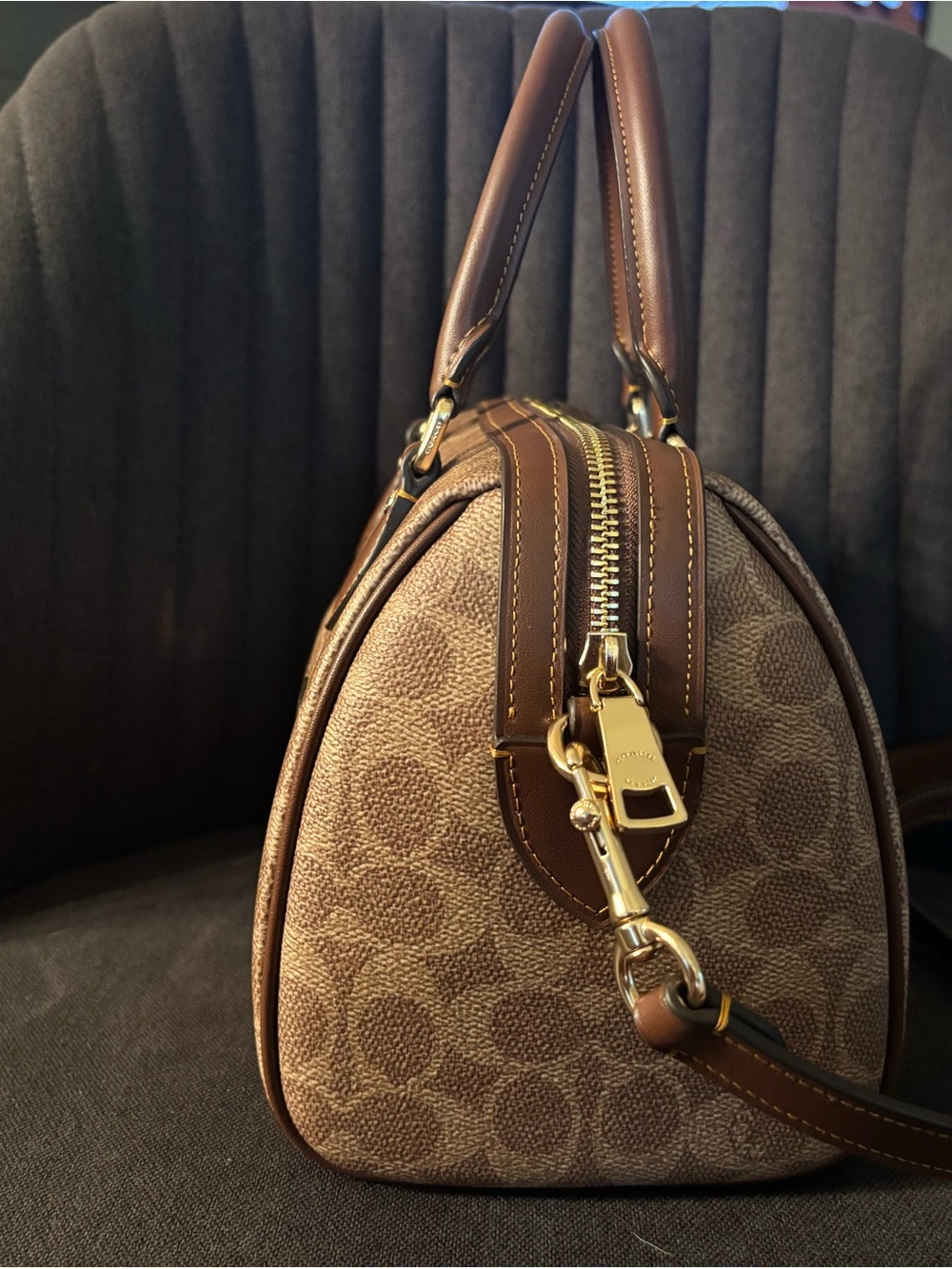Coach Rowan Satchel in Brown/Tan Signature Canvas (Medium Size) - Picture 4 of 6